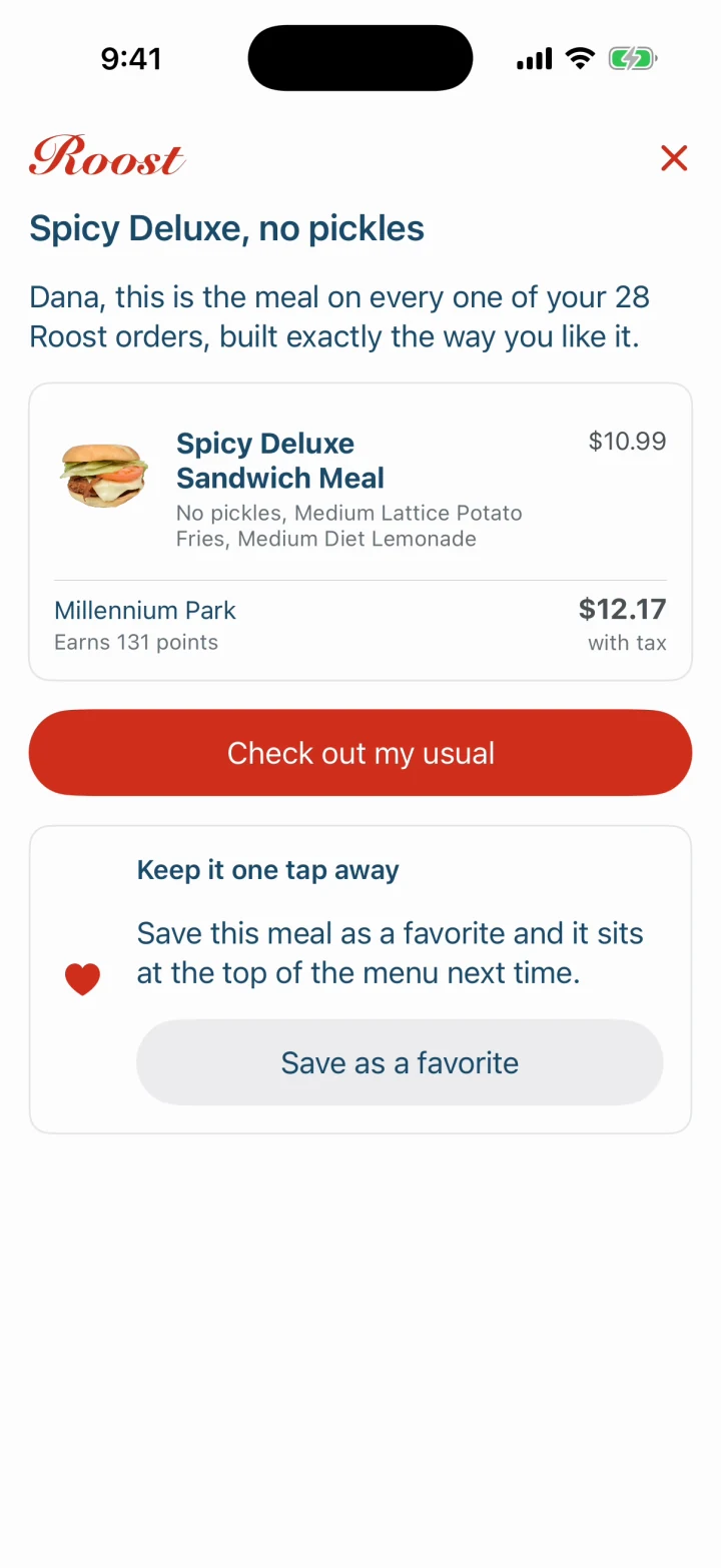 Dana’s usual exactly as she orders it, $12.17, with an offer to save it.
