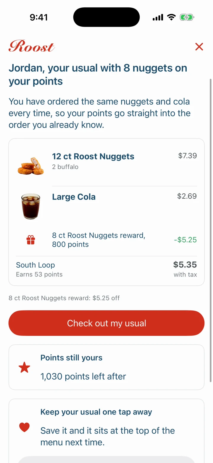 The screen Ambipath built for Jordan: the usual order with 8 nuggets covered by points, $5.35.