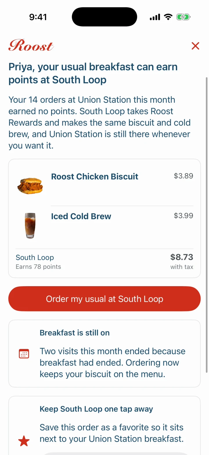 Her usual breakfast priced at South Loop, $8.73, earning 78 points.