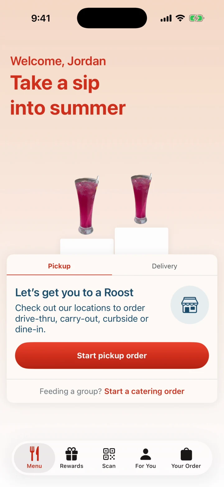 Roost's home screen today: a drink promotion and a button to start an order.