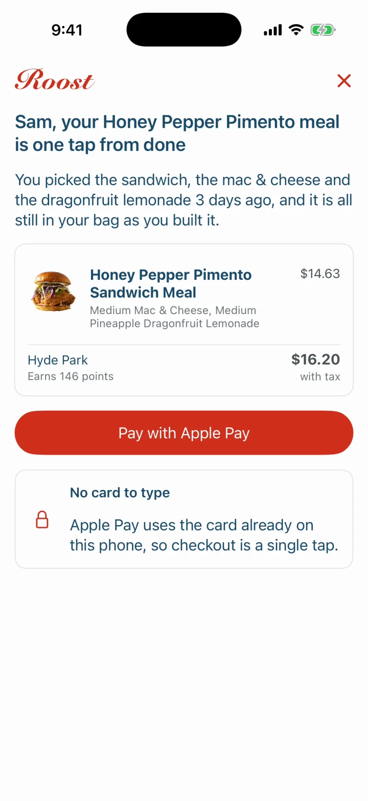 Sam’s saved bag, $16.20, with Apple Pay in place of the card form.